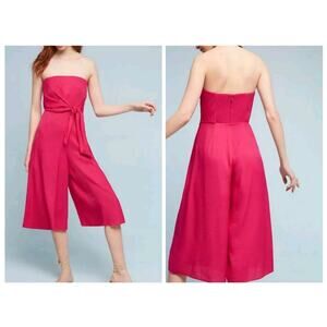 Anthropologie MAEVE Hot Pink Jumpsuit Smocked Strapless Wide Leg